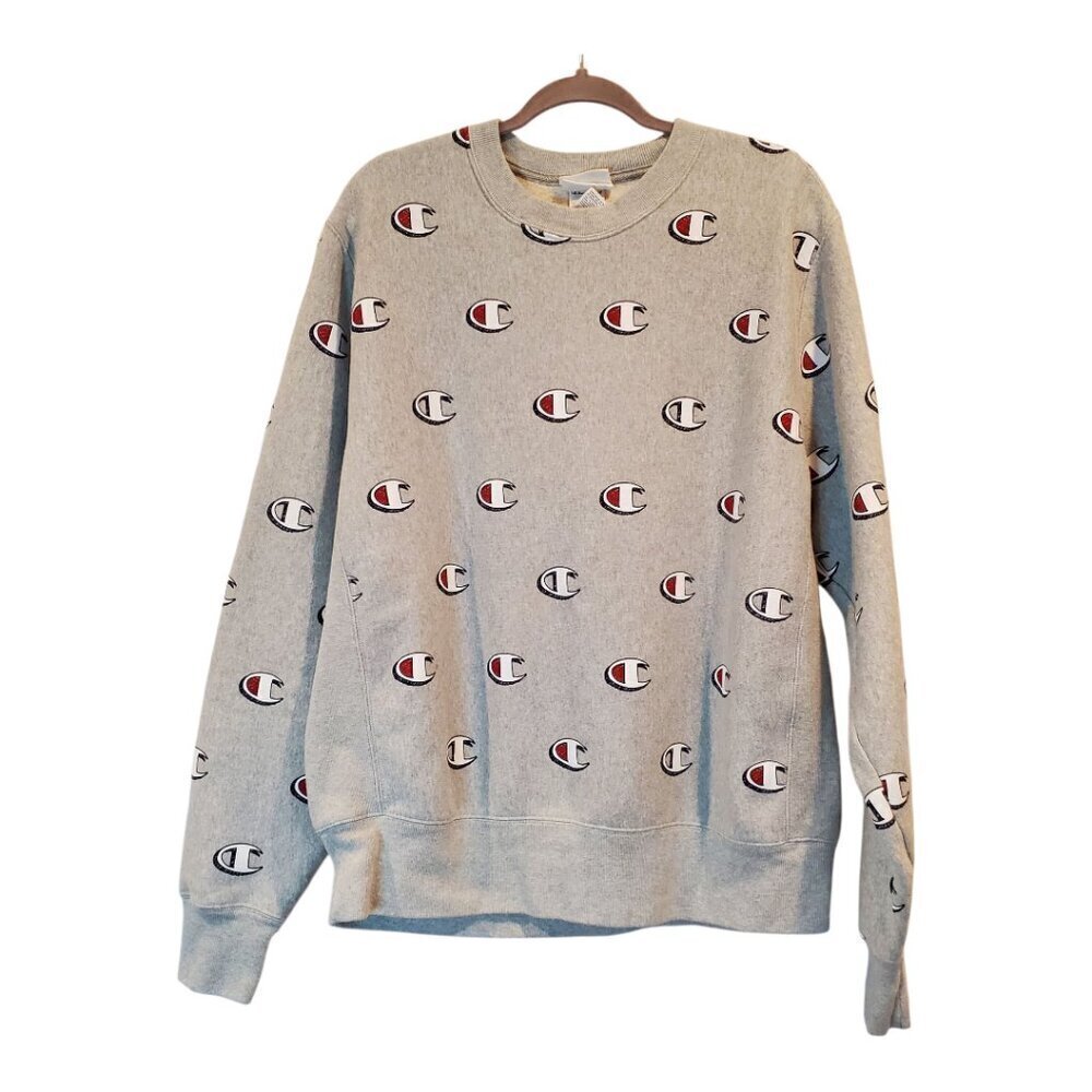 CHAMPION Crew-neck Sweatshirt Reverse Weave All Over Logo Graphic Gray